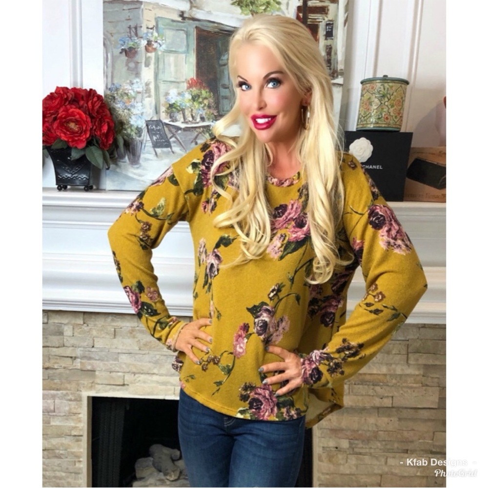 LAST Mustard Brushed Fabric Floral Oversized Top
